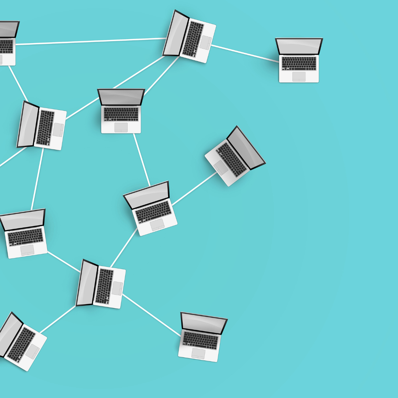 Illustration of laptops connected in a network on a teal background, representing email retention campaigns designed to win back attention and drive conversions.
