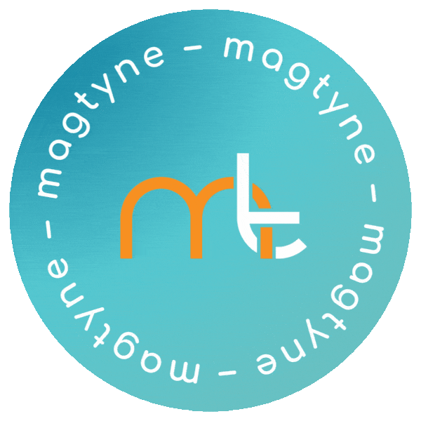 Magtyne circular teal logo badge with orange and white letters